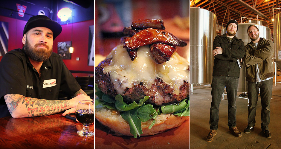 Pictured: Richard Miley of Catch-22; the "$22 Burger" at Catch-22; Creature Comforts owners Adam Beauchamp and David Stein