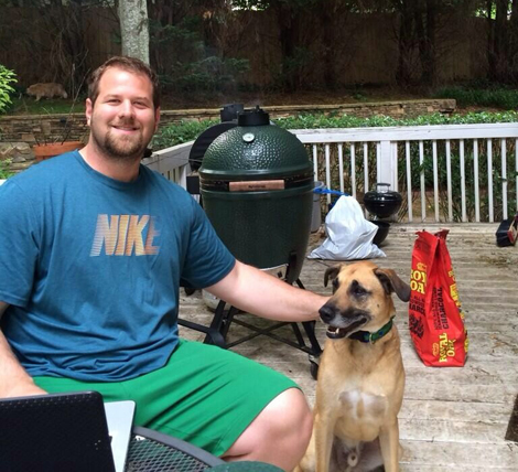 Geoff Schwartz at home with his green egg grill