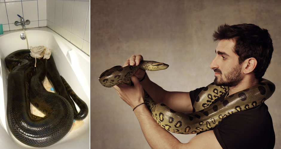Left: This 17-ft anaconda ate a pet dog; Right: Paul Rosolie will enter the belly of an anaconda in a custom-built snake-proof suit. (Photos: Barcroft, Discovery Channel)